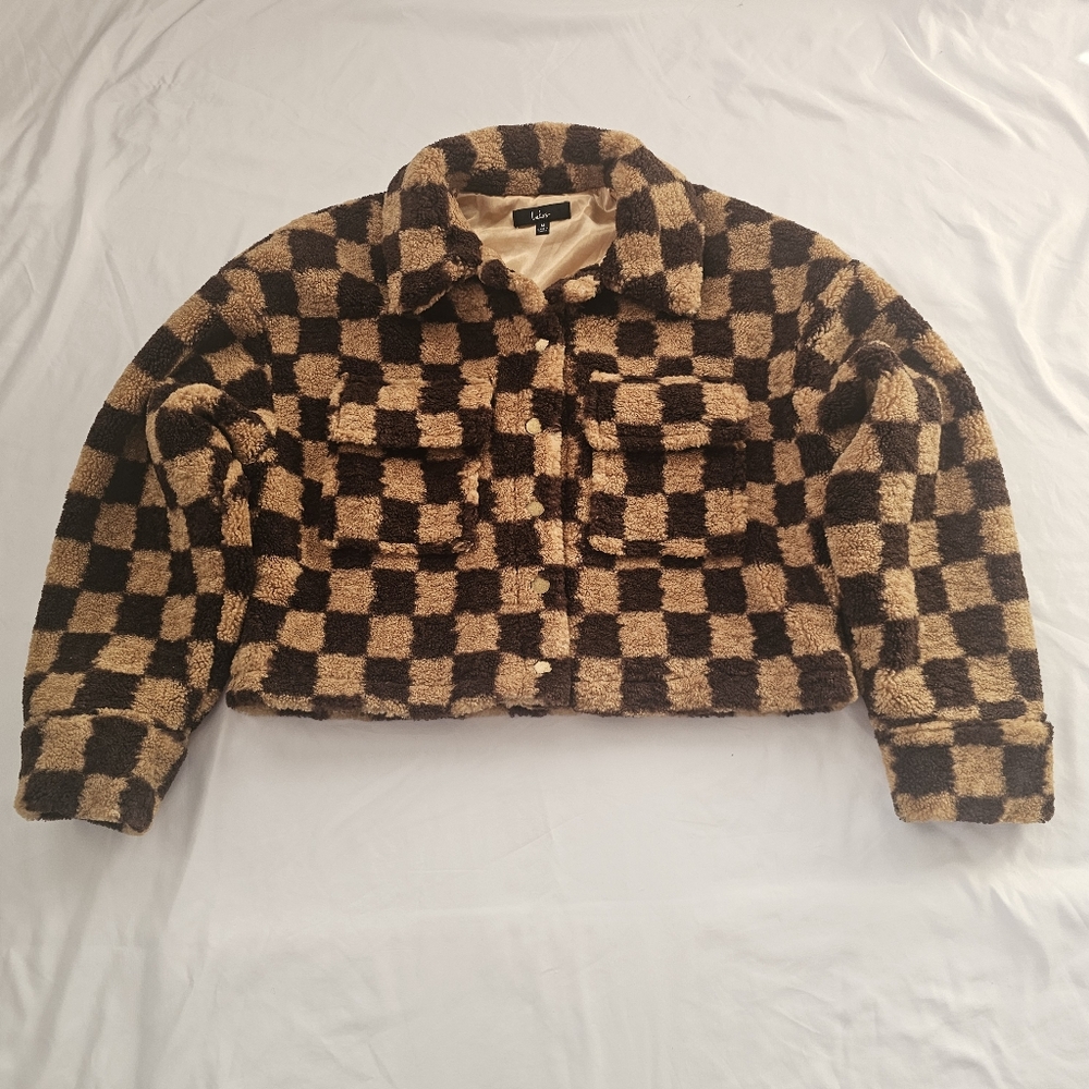 Lulus On My Checklist Tan and Brown Checkered Cropped Teddy Jacket - Picture 2 of 15